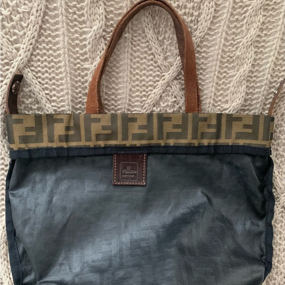 FENDI ZUCCA VINTAGE FOLDABLE NYLON/LEATHER MONOGRAM TOTE/ HANDBAG “DOUBLE F’S” - Picture 14 of 16